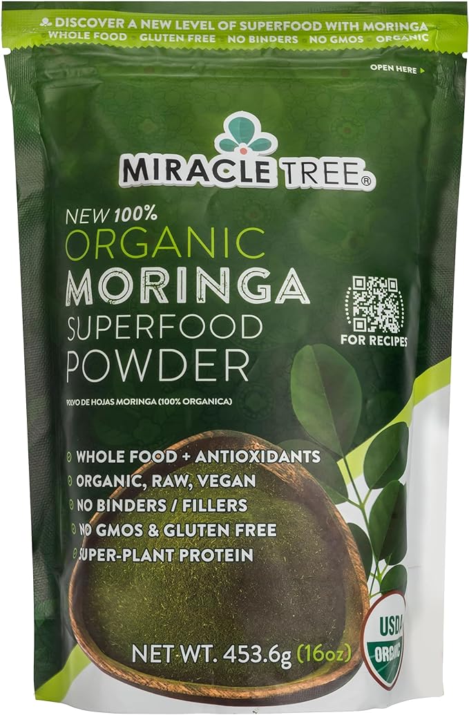 Miracle Tree 100% Organic Moringa Superfood Powder | Smoothies, Baked Goods, Lattes | 16oz. (1.0lbs) Pouch