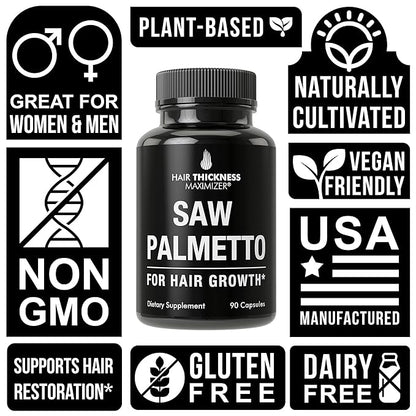 Saw Palmetto For Women and Men Hair Loss. Extra Strength Vitamin Treatment Designed For Thicker, Stronger Hair Growth and Less Shedding. DHT Blocker Capsules Powder Supplement. 1200 mg 3 Pill Serving