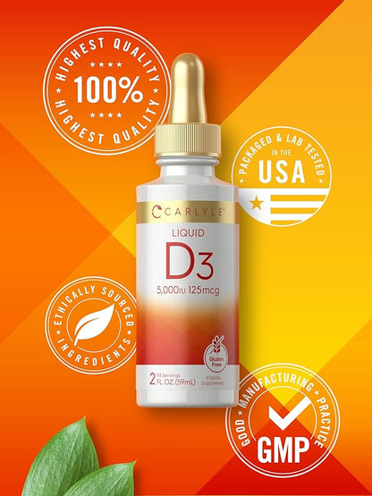 Carlyle Liquid Vitamin D3 | 5000 IU (125 mcg) | 2 oz | Vegetarian, Non-GMO, and Gluten Free Supplement | Vitamin D Liquid Drops for Adults