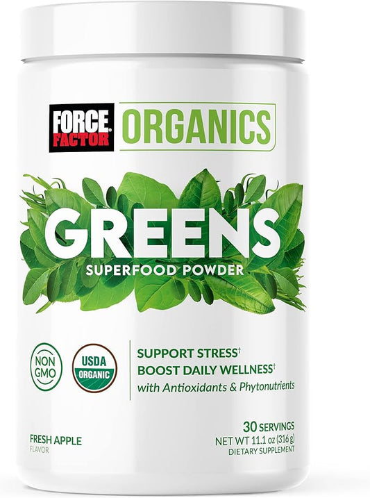 Force Factor Organics Greens Superfood Powder for Daily Wellness, Greens Powder with KSM-66 Ashwagandha, Moringa, Spirulina Powder, Vegan and Non-GMO, Fresh Apple, 30 Servings, 11.10 Ounce (Pack of 1)