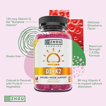 Zhou Nutrition Vitamin D3 K2 Gummies, Bone and Heart Health Formula 5000 IU Vitamin D3 & 90 mcg Vitamin K2, Max Strength 2 in 1 Immune Support and Calcium Absorption, Gluten Free, Strawberry, 60 Count