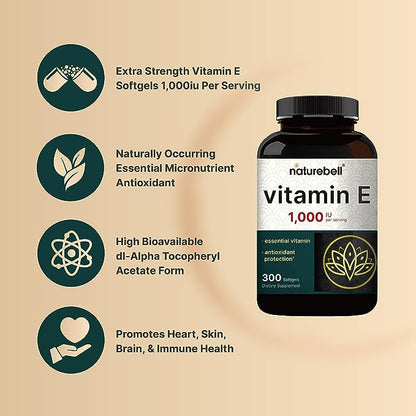 NatureBell Vitamin E Oil Softgels, 1,000 IU Per Serving, 300 Pills | Essential Antioxidant Supplements, Easily Absorbed Form – Supports Skin, Heart, & Immune Health – Non-GMO