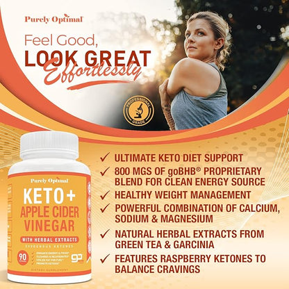 Purely Optimal Premium Keto+Apple Cider Vinegar Pills - w/Garcinia Cambogia, Keto Bhb Exogenous Ketones - 90 Capsules