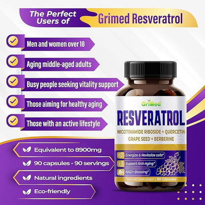 Resveratrol 8,900mg with Nicotinamide Riboside, Quercetin, Grape Seed, Berberine- NAD+ Boosting Supplement for Cells Energizing, Support Anti-Aging - Made in The USA