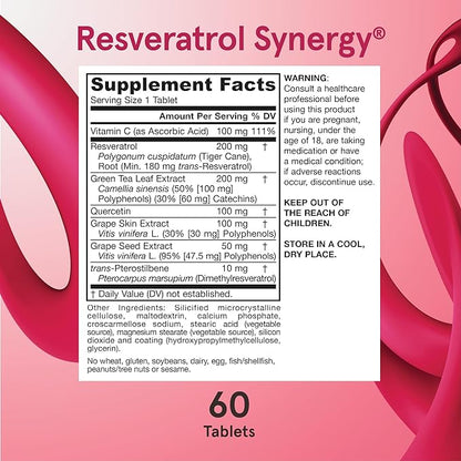 Jarrow Formulas Resveratrol Synergy 200 mg - 60 Tablets - Healthy Antioxidant Status - With trans-Pterostilbene - Heart Health - Includes Grape & Green Tea Extract - 60 Servings