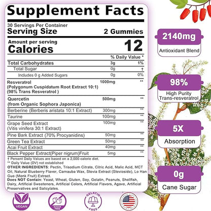 Sugar Free Resveratrol Gummies 2140mg w/ Quercetin, Berberine, Grape Seed Extract & Taurine, 98% Trans-Resveratrol, 9-in-1 Antioxidants Supplement for Healthy Aging, Skin & Immune - Vegan, 120 Count