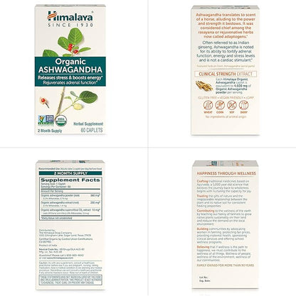 Himalaya Organic Ashwagandha, 120 Day Supply, Herbal Supplement for Stress Relief, Energy Support, Occasional Sleeplessness, USDA Organic, Non-GMO, Vegan, Gluten Free, 670 mg, 60 Caplets, 2 Pack