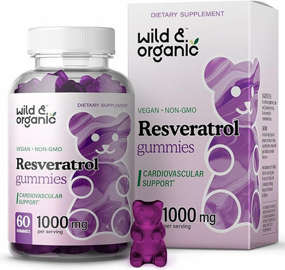 Wild & Organic Resveratrol Gummies - Resveratrol Supplement for Immune System, Antioxidant Support, Brain Wellness - Anti Aging Supplement Resveratrol 1000mg 60 Blueberry Flavored Chews