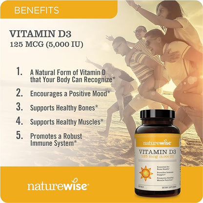 NatureWise Vitamin D3 5000iu (125 mcg) Healthy Muscle Function, and Immune Support, Non-GMO, Gluten Free in Cold-Pressed Olive Oil, Packaging Vary ( Mini Softgel), 90 Count