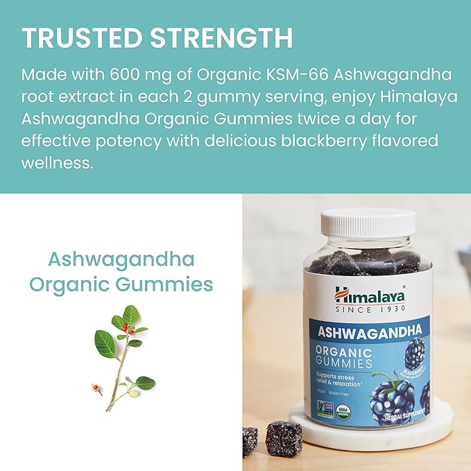 Himalaya Ashwagandha Organic Gummies, KSM-66 Organic Ashwagandha to Help with Stress Relief, Energy and Relaxation, 60 Gummies with Delicious BlackBerry Flavor