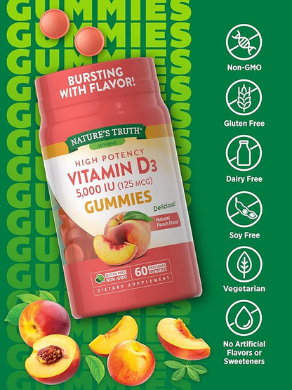 Nature's Truth Vitamin D3 Gummies | 5000 IU | 60 Count | Peach Flavor | Vegetarian, Non-GMO & Gluten Free Supplement