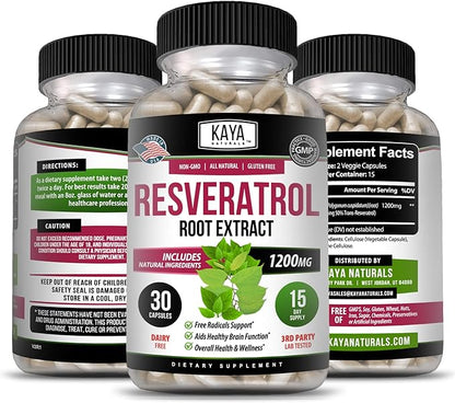 Kaya Naturals - Resveratrol Capsules - Anti Aging Supplement - Antioxidants with Brain Support - Maximum Benefits - 30 Veggies Capsules