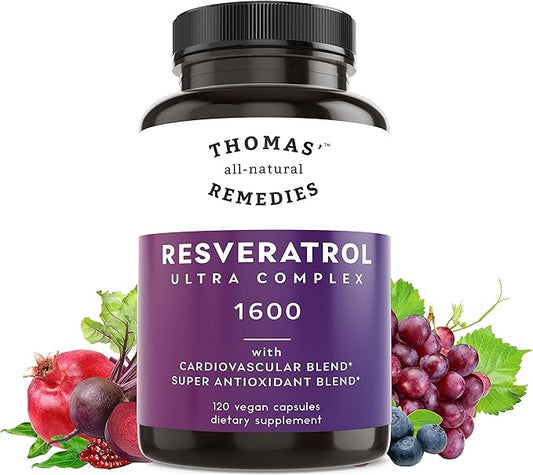 Thomas' all-natural Remedies Resveratrol 1600mg Organic Trans-Resveratrol Antioxidant Supplement with Organic Grape Seed Extract and Quercetin- Anti-Aging and Cardiovascular Support- 120 Capsules