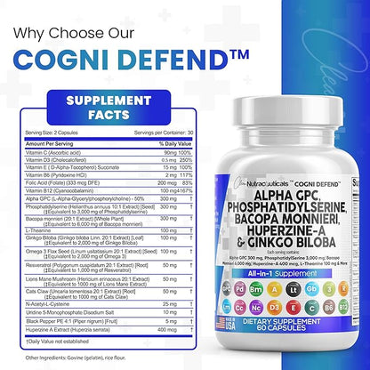 Clean Nutraceuticals Alpha GPC Choline 300mg Phosphatidylserine 3000mg Bacopa Monnieri 6000mg Ginkgo Biloba 2000mg Huperzine A 400mcg Supplement with Urdine Lions Mane Cats Claw NAC Vitamin C B D E