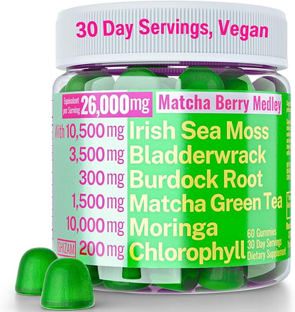 Moringa Irish Sea Moss Chlorophyll EGCg Green Tea Burdock Root Bladderwrack Super Greens Gummies, Powder Capsules Pills Liquid Drops Oil Tincture Supplement Supplements Alt, Organic Green Seamoss