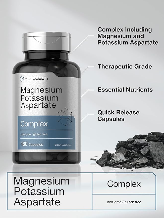 Horbäach Magnesium Potassium Aspartate Complex | 180 Capsules | Non-GMO and Gluten Free Formula