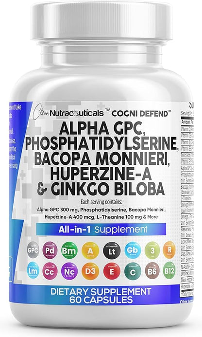 Clean Nutraceuticals Alpha GPC Choline 300mg Phosphatidylserine 3000mg Bacopa Monnieri 6000mg Ginkgo Biloba 2000mg Huperzine A 400mcg Supplement with Urdine Lions Mane Cats Claw NAC Vitamin C B D E