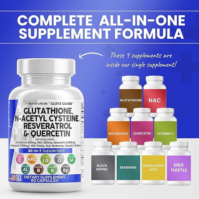 Clean Nutraceuticals Glutathione 500mg Supplement with Vitamin C N Acetyl Cysteine 600mg Berberine 1000mg Resveratrol Quercetin Alpha Lipoic Acid - Reduced L Glutathion Free Form Women 60 Ct USA Made