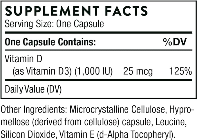 THORNE Vitamin D3 Supplement - Supports Healthy Bones, Teeth Muscles, Cardiovascular, and Immune Function - Gluten-Free, Dairy-Free, Soy-Free - 1,000 IU - 90 Capsules