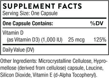 THORNE Vitamin D3 Supplement - Supports Healthy Bones, Teeth Muscles, Cardiovascular, and Immune Function - Gluten-Free, Dairy-Free, Soy-Free - 1,000 IU - 90 Capsules