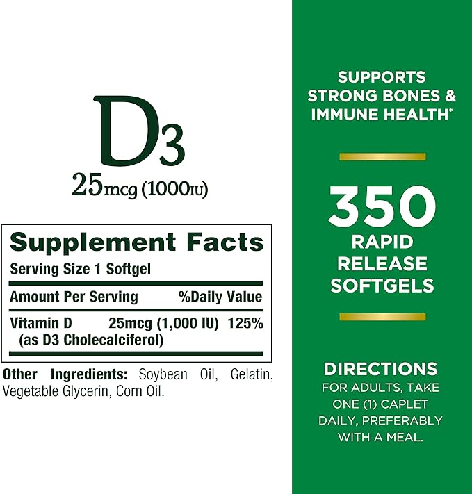 Nature's Bounty Vitamin D3 1000 IU Softgels, Immune Support, Promotes Healthy Bones, 350 Ct