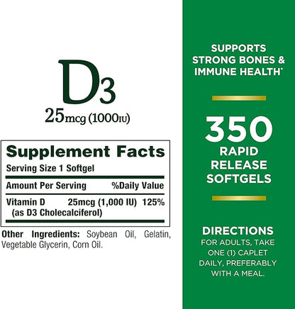 Nature's Bounty Vitamin D3 1000 IU Softgels, Immune Support, Promotes Healthy Bones, 350 Ct