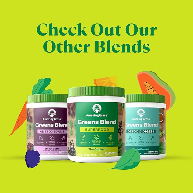 Amazing Grass Greens Blend Mood: Super Greens Powder Smoothie Mix for Mood, Relaxation & Stress Support with Organic Spirulina, Chlorella, Beet Root Powder, Digestive Enzymes & Probiotics, 30 Servings