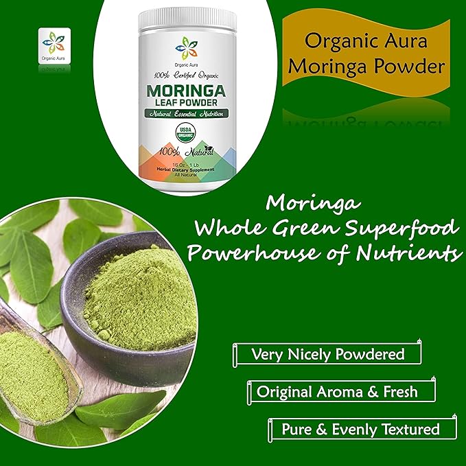 Certified Organic Moringa Leaf Powder-1Lb. USDA Certified Organic. 100% Pure and Original. Naturally boosts Energy, Metabolism & Immunity. Raw Green Whole Superfood. No GMO, Gluten Free