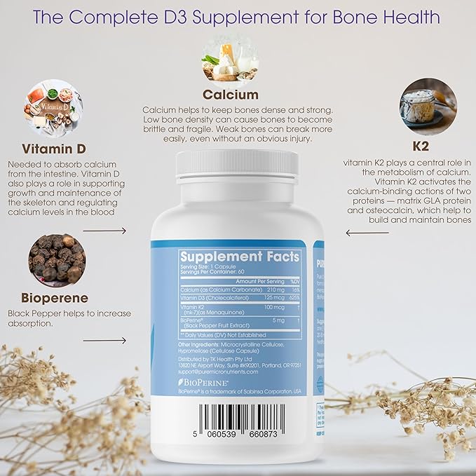 Pure Micronutrients Vitamin D3 K2 Supplement | MK7 100mcg, D3 5000 iu, Calcium + BioPerine | Muscle & Bone Health, Heart, Immunity & Energy Support | VEGAN | 60 capsules