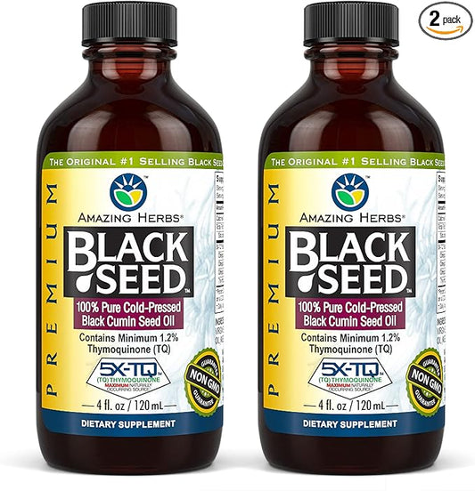 Amazing Herbs Premium Black Seed Oil - Gluten Free, Non GMO, Cold Pressed Nigella Sativa Aids in Digestive Health, Immune Support, Brain Function, Joint Mobility - 4 Fl Oz (Pack of 2)