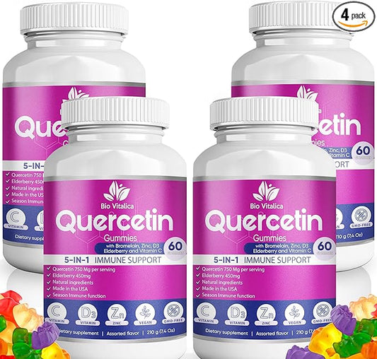 BIO VITALICA (4 Pack) Quercetin Gummies by BioVitalica - Quercetin with Bromelain Vitamin C and Zinc & Elderberry + Vitamin D3-5 in 1 Immune Support - Zinc Quercetin 750 mg for Kids and Adults