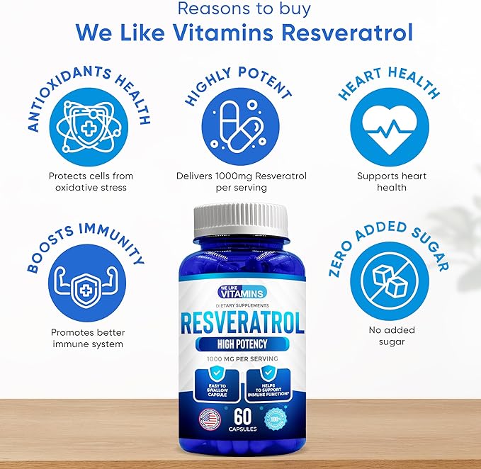 We Like Vitamins Resveratrol 1000mg per Serving - 60 Easy to Swallow Veggie Capsules - Natural Resveratrol Supplement 1000mg - Antioxidant Supplement Helps Support Anti-Aging and Immune System