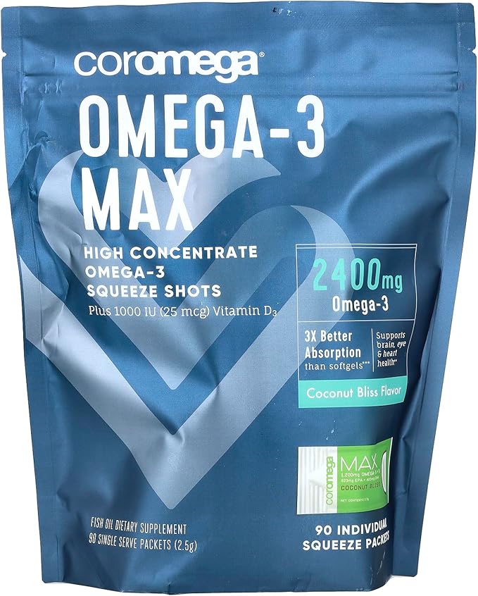 Coromega MAX High Concentrate Omega 3 Fish Oil, 2400mg Omega-3s with 3X Better Absorption Than Softgels, 90 Single Serve Packets, Coconut Bliss Flavor with Vitamin D