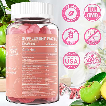 Sugar Free Garcinia Cambogia Gummies 1000mg 95% HCA with L-Carnitine, Raspberry Ketone, Chromium, Green Coffee Bean for Metabolism, Energy Boost, 100% Organic Extract, Vegan, Strawberry Flavor 60 Cts