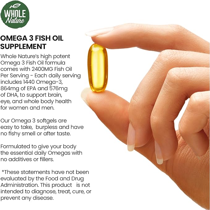 Omega 3 Fish Oil Supplements, Maximum Strength 2400 mg Omega-3, 1440mg Fish Oil, EPA DHA Fatty Acids, Heart Health, Vision, Eye, Brain, Immune Support for Women & Men. Natural Lemon Flavor, 60 ct (1)