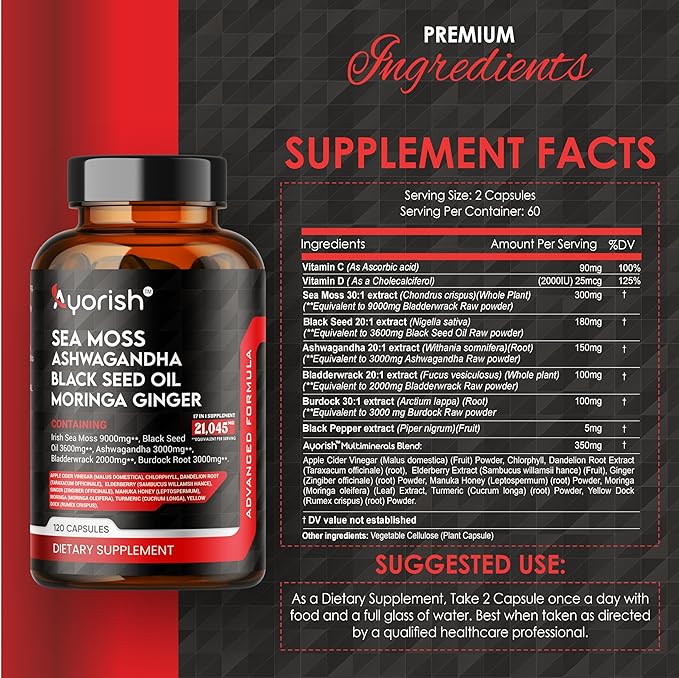 Sea Moss 9000mg Black Seed Oil 3600mg Ashwagandha 3000mg Bladderwrack 2000mg Burdock 3000mg, Vitamin C & D3 with Elderberry Manuka Dandelion Yellow Dock Chlorophyll ACV Moringa Ginger 120 Caps