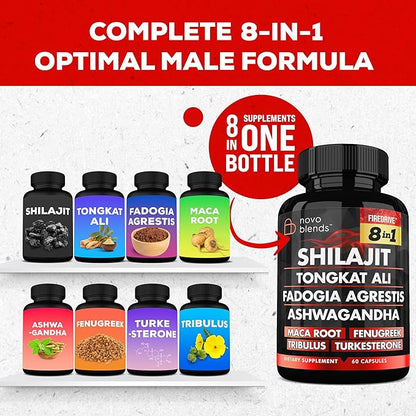 Shilajit 3000mg Tongkat Ali 15,000mg Fadogia Agrestis 1000mg Maca Root 2000mg Ashwagandha 4000mg Fenugreek 1500mg Tribulus Terrestris 500mg Turkesterone 500mg, 8-in-1 Supplement Blend for Men