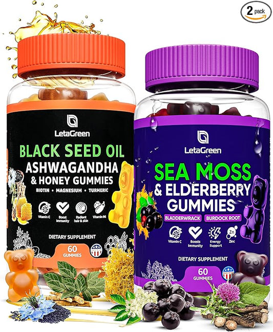 Irish Sea Moss and Black Seed Oil Gummies Bundle – 120 Vegan Gummies Bears - Elderberry Gummies for Kids & Adults - Nigella Sativa with Ashwagandha & Honey - Immune Support