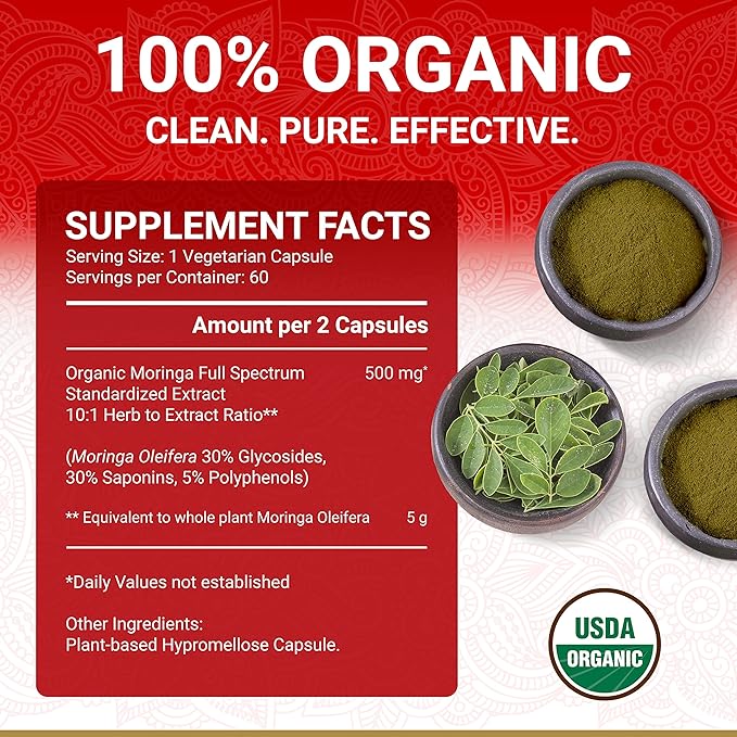 Organic Moringa Capsules Organic - Moringa Oleifera Capsules | Natural Herbal Supplement from Moringa Leaves | Certified USDA Organic | Vegan | Moringa Leaf Capsules Superplant | 60 Moringa Pills