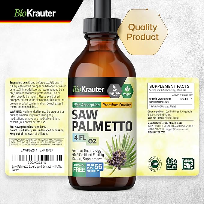 Saw Palmetto Tincture - Organic Saw Palmetto Supplement - Natural Prostate Health Support - Saw Palmetto for Men and Women - Alcohol & Sugar Free - Vegan Drops 4 Fl.Oz.