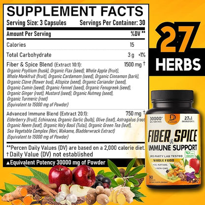 27in1 Fiber and Spice Supplement 30000Mg - Combined with Organic Psyllium, Whole Apple, Elderberry & more - Support Mood, Body & Immunity - 90 Capsules for 1 Month