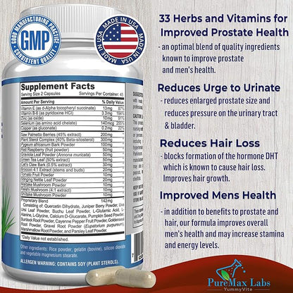 Prostate Support Formula for Men - Saw Palmetto, Plant Sterol, 33 Herbs, Bladder Control Pills to Reduce Frequent Urination & DHT Blocker to Prevent Hair Loss | Prostate Supplement | 90 Capsules