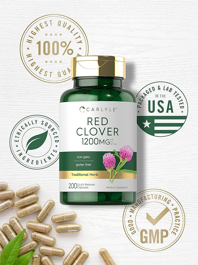 Carlyle Red Clover Capsules 1200mg | 200 Count | Trifolium Pratense | Non-GMO, Gluten Free | Red Clover Blossom Extract Supplement