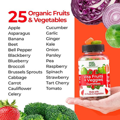 Vita Fruits and Veggies Supplements, Multivitamin Fruit and Vegetable Gummies, 25 Fruits and Vegetables, Watermelon and Apple Flavors, Vegan, Non-GMO, 60 Count