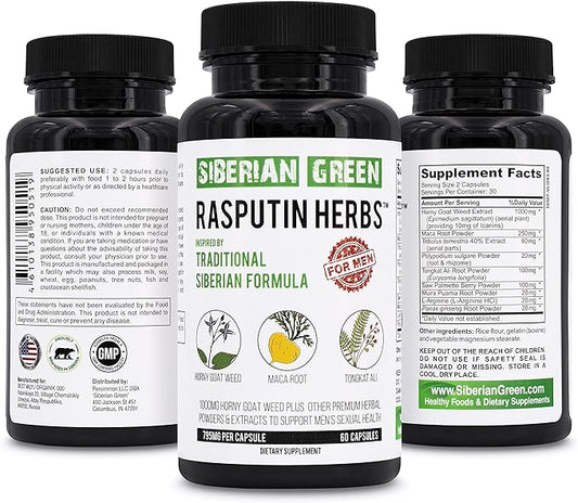 Rasputin Herbs with Horny Goat Weed Maca Root Tongkat Ali Complex 60 Capsules – Traditional Siberian Formula to Support Men Heath & Stamina