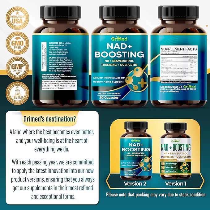 NAD + Boosting 16,550mg- x12 Power with NR + Resveratrol Turmeric + Quercetin - Cellular Energy, Cellular Repair, Healthy Aging - USA Made & Tested (90 Count (Pack of 1))