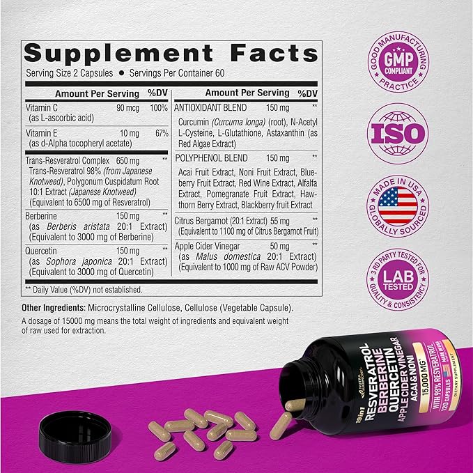 Resveratrol Supplement - 15000mg 19-in-1 Organic Polyphenol Complex - Noni Extract | Berberine | Quercetin | Apple Cider Vinegar | Acai - Made in USA - Antioxidant & Heart Health Support - 120 Caps