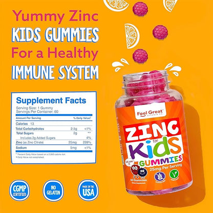 Feel Great Zinc Gummies for Kids | Bolster Your Child's Immune System with Yummy Kids Vitamins | Great Tasting Natural Flavor Gummy Supplement Vitamins | 60 Gummies