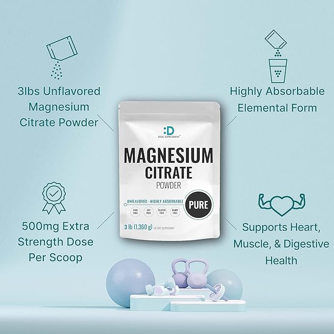 DEAL SUPPLEMENT Magnesium Citrate Powder 500mg, 3lbs – Unflavored, Easily Absorbed – Purified Trace Mineral for Muscle, Heart, & Digestive Support – One a Day, Non-GMO, Filler Free