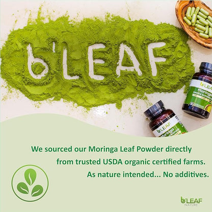 B’Leaf Nature Pure Organic Moringa Oleifera Leaf Powder Capsules 1000mg - Immune System & Energy Booster - Vegetarian Supplement for Healthy Living - 90 Capsules